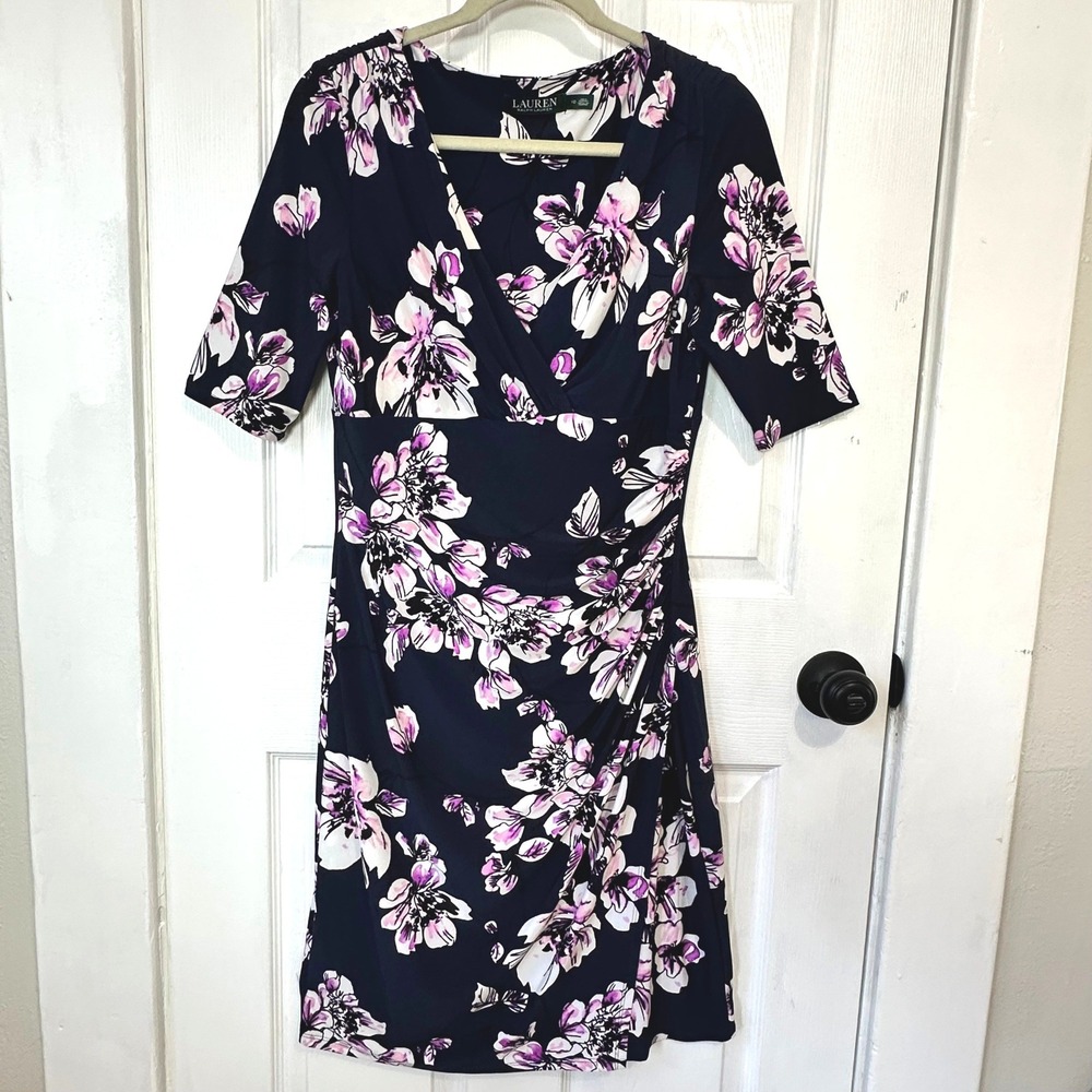Lauren Ralph Lauren Navy Floral Ruched V-Neck Sheath Dress Size 10 Purple White